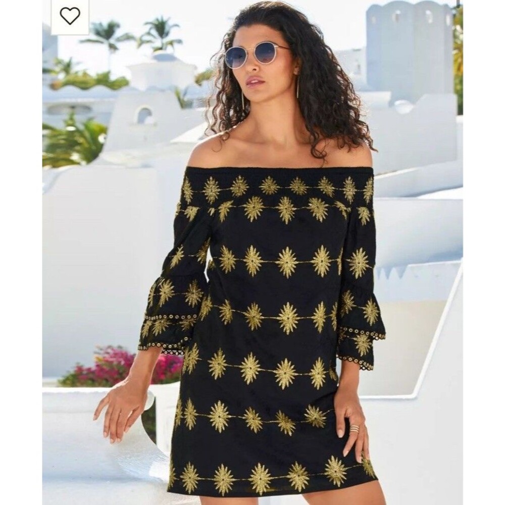 Boston Proper XS Off The Shoulder Dress Gold Black Mini Bell Sleeve Embroidered